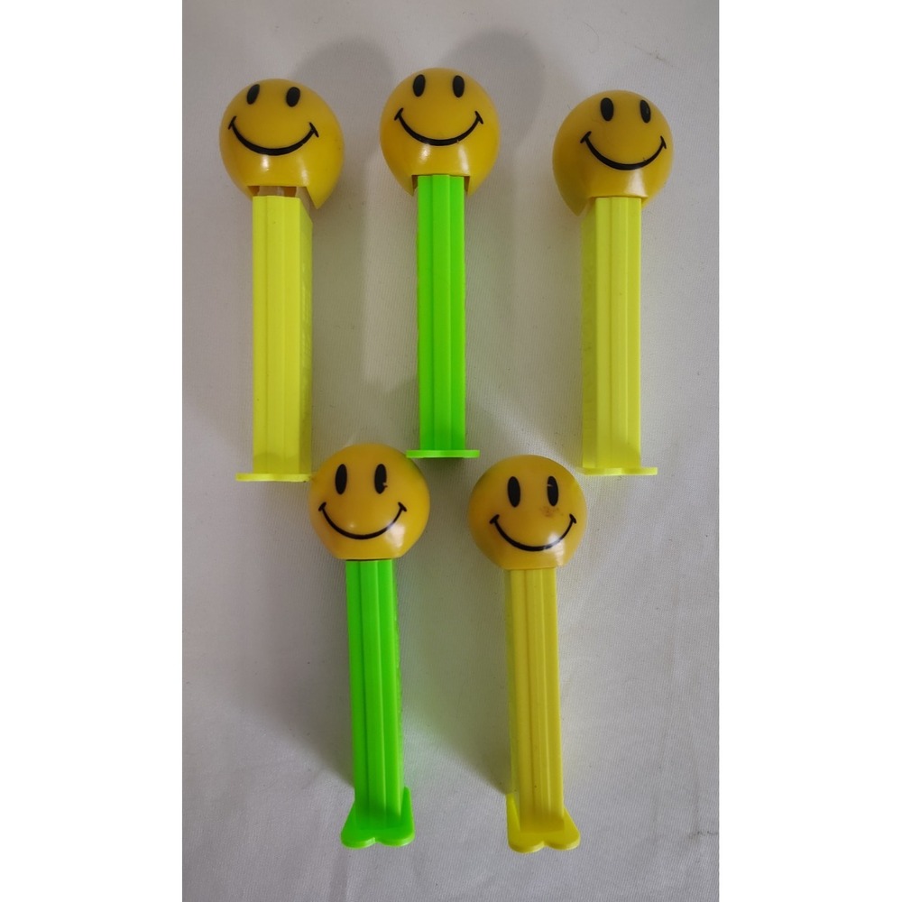 Lot of 5 PEZ Funky Faces Smiley Face Candy Dispensers Green & Yellow - 2003